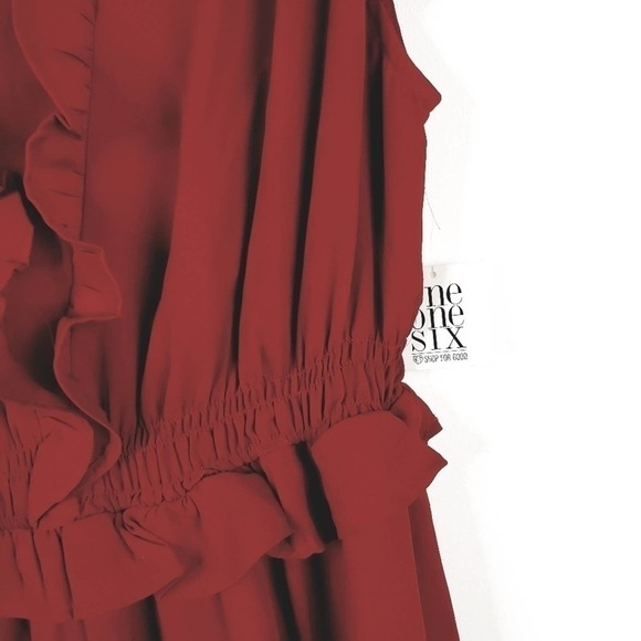 One One Six New with tags Deep Red Ruffle trim V-neck Fit and Flare Dress xs - Picture 8 of 11